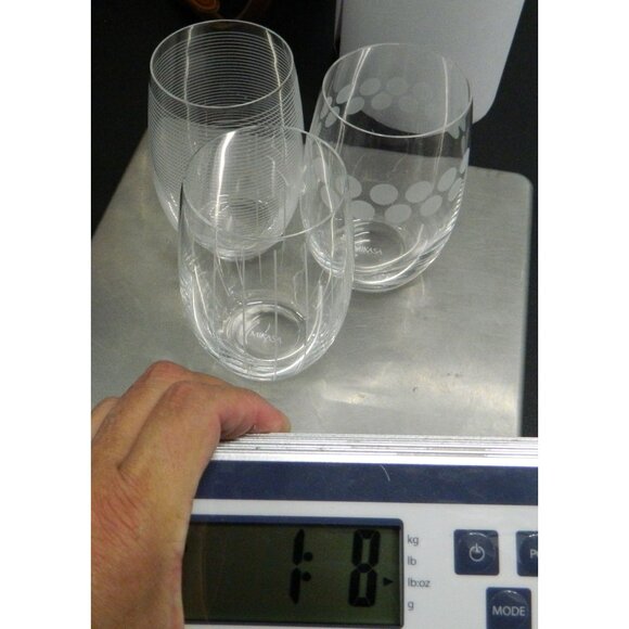 Mikasa Cheers Stemless Wine Glass 17 OZ Set of 3 Clear Etched Brand Dots Lines - Picture 9 of 9